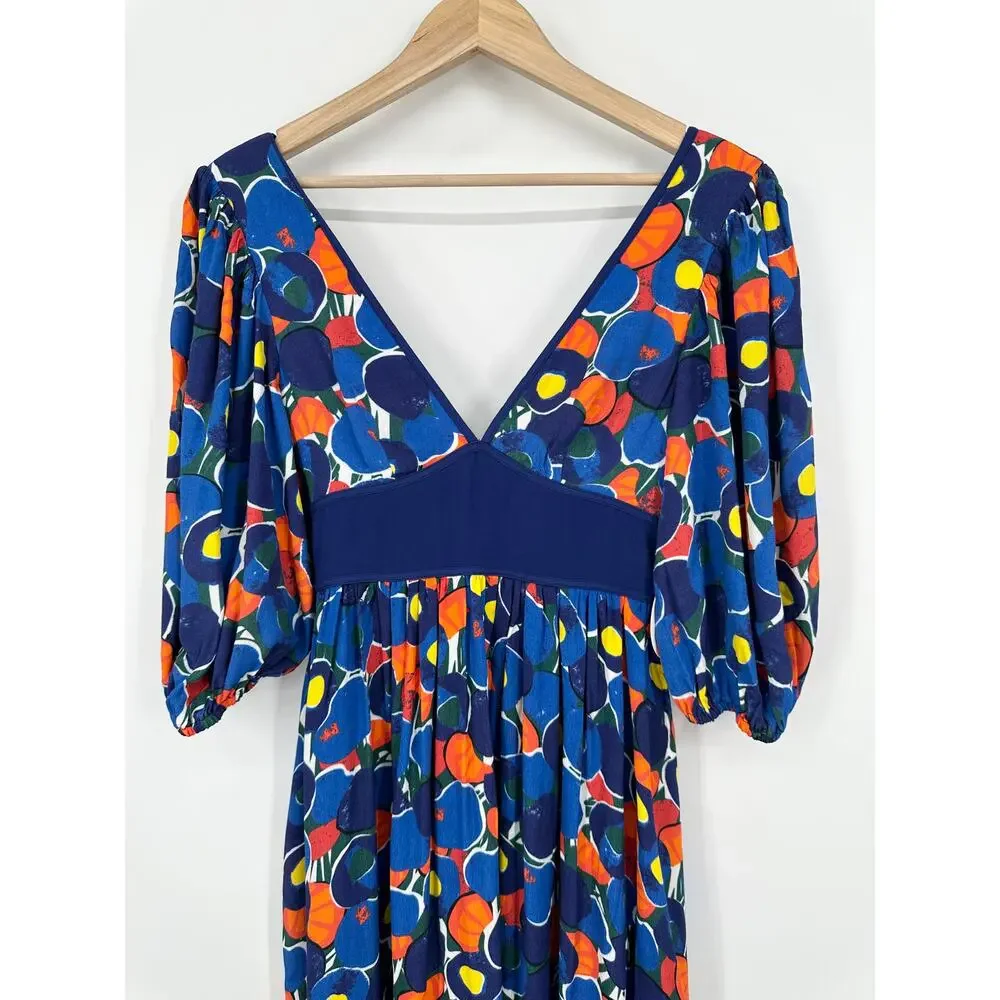STAUD Affogato Maxi Dress V-Neck Balloon Sleeve Fruit Print Belted, Blue NWT - Picture 8 of 16